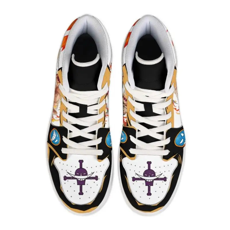 Top view of One Piece Ace high-top sneakers with purple Whitebeard Jolly Roger on the toe