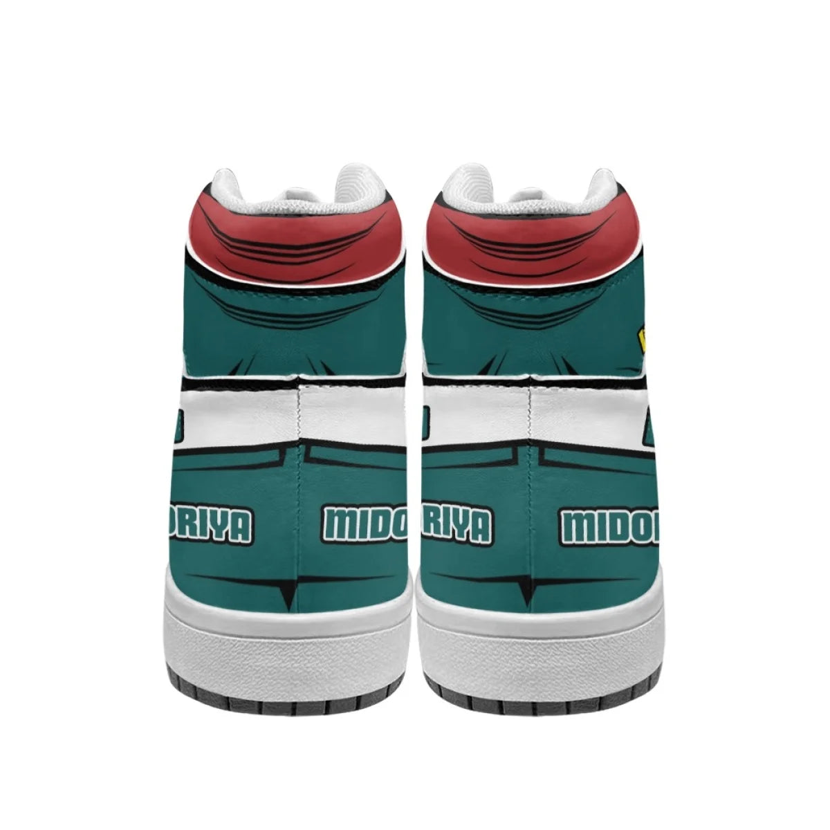 Back view of green and red My Hero Academia Deku high-top sneakers with Midoriya lettering on the heel