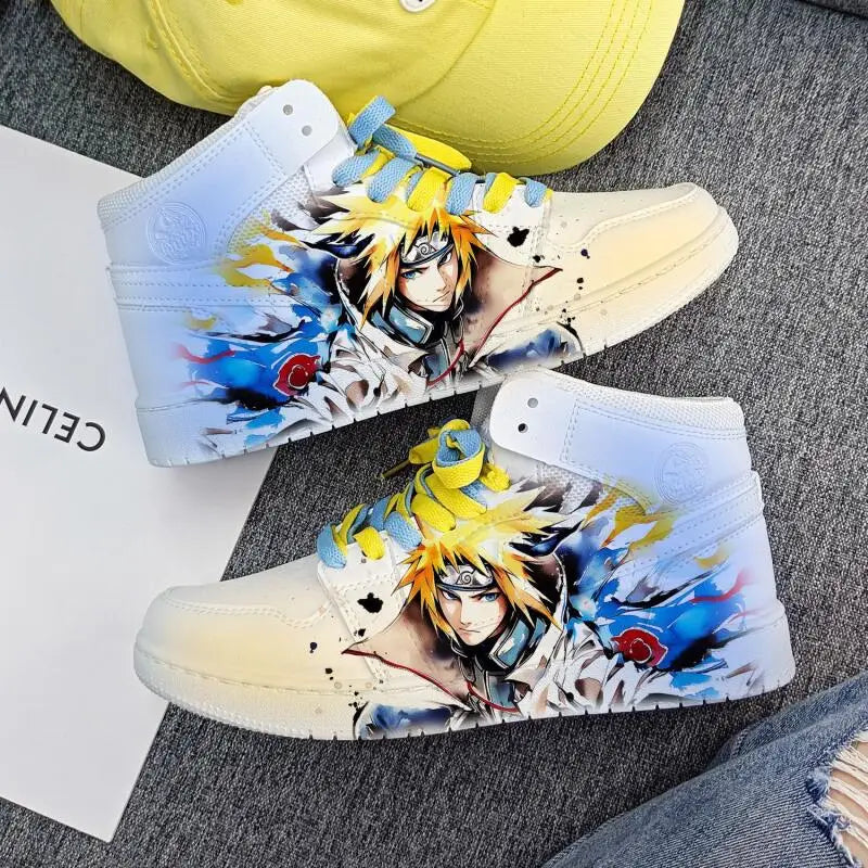 White high-top Naruto sneakers with Minato watercolour artwork and blue and yellow laces