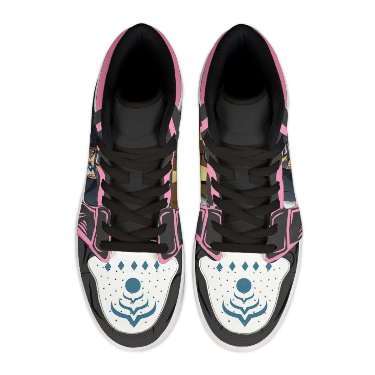 Top view of black and pink Boruto high-top sneakers with blue Karma seal on the toe and black laces