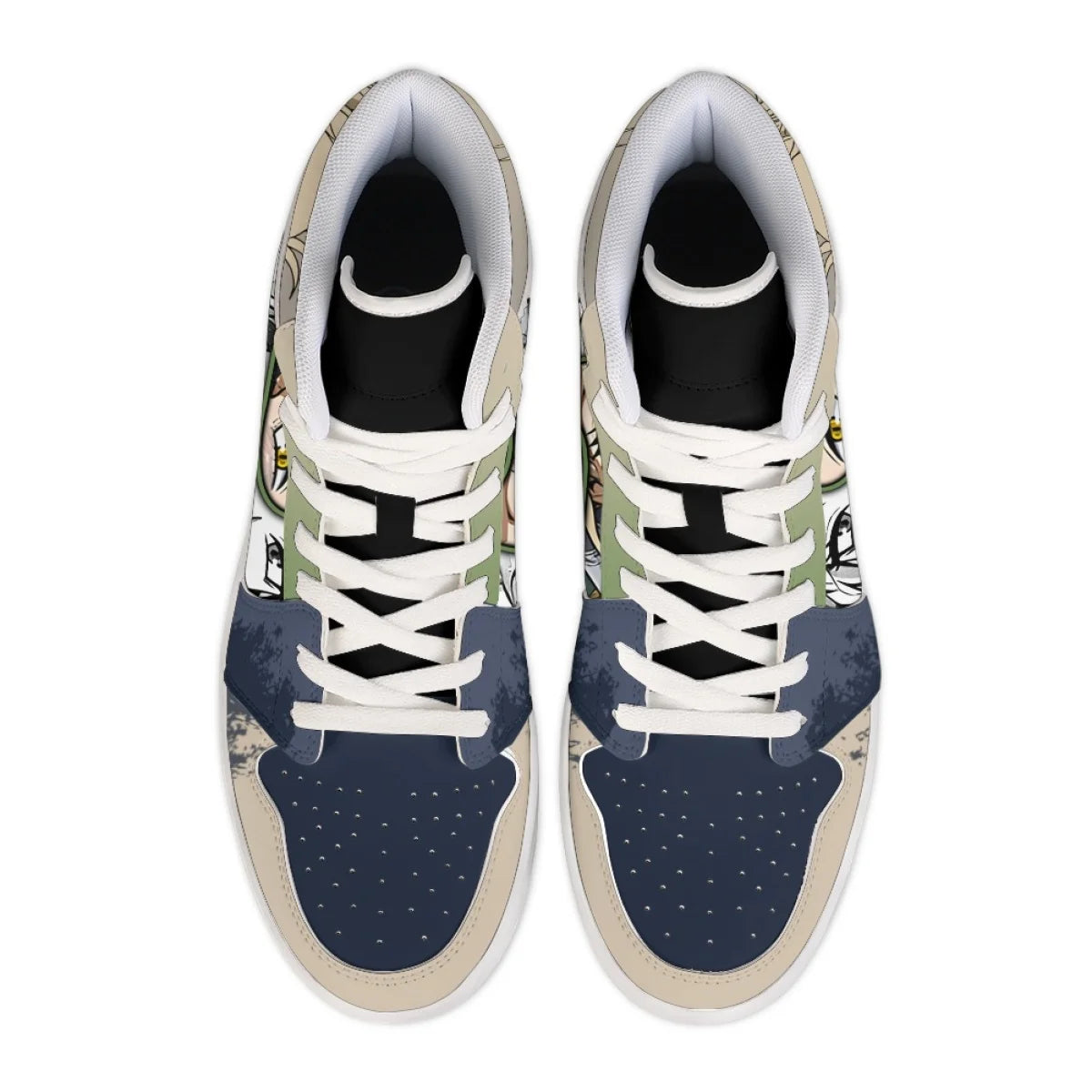 Top view of My Hero Academia Toga high-top sneakers with navy toe, beige panels and white laces