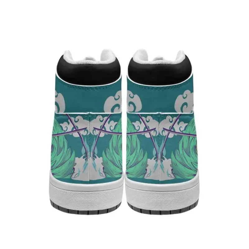 Back view of teal Zoro anime sneakers with cloud and sword design