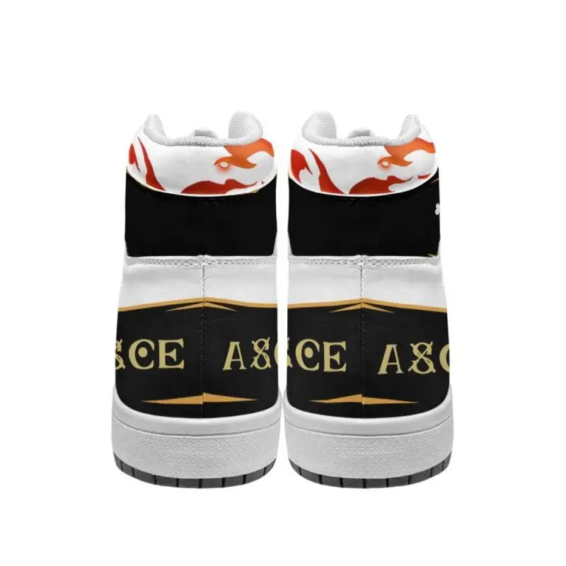 Back view of black and white One Piece Ace high-top sneakers with gold Ace lettering and flame collar