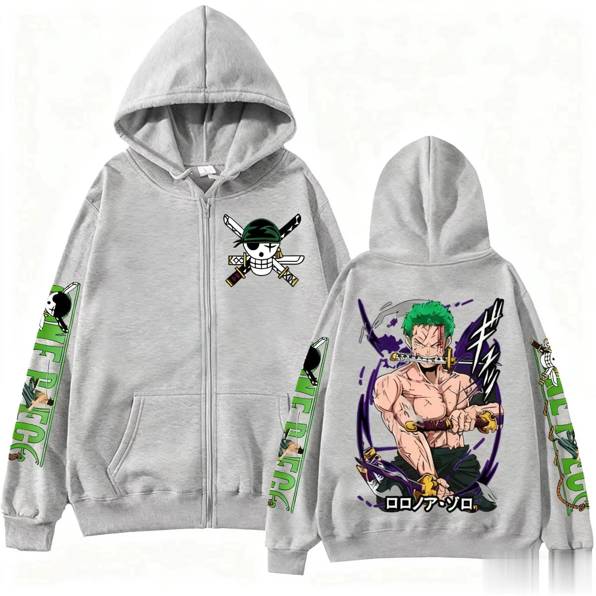 Front and back of grey One Piece Zoro zip-up hoodie with Zoro Jolly Roger, green sleeve logos and Zoro back print