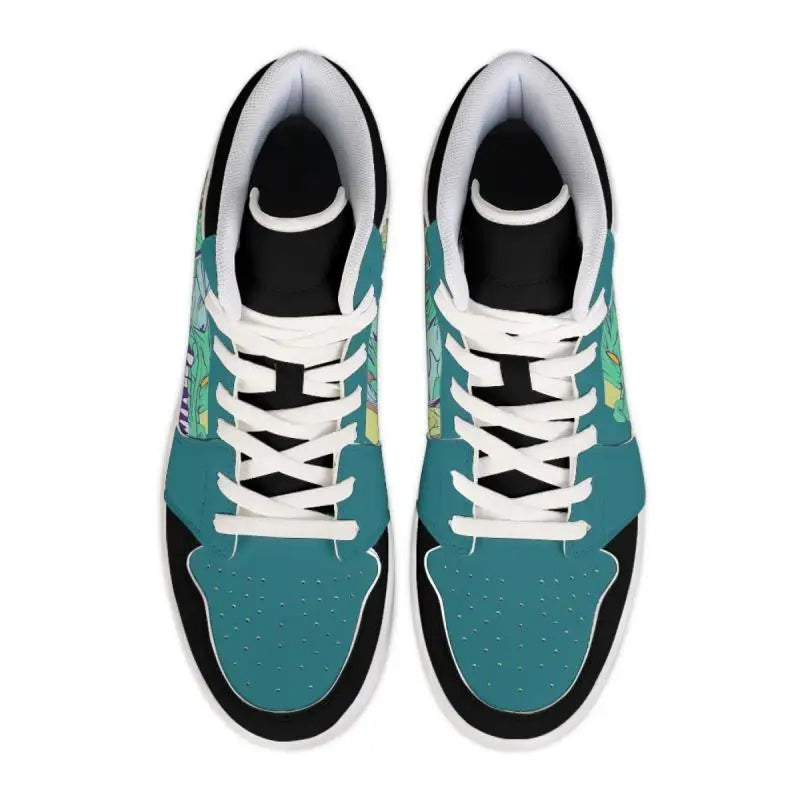 Top view of teal and black Zoro anime sneakers with white laces