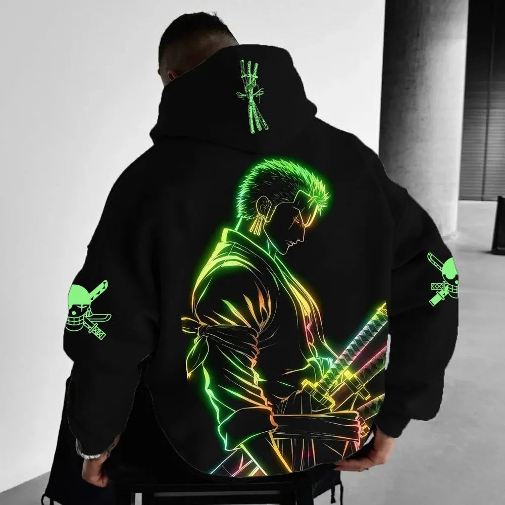 Back of black One Piece Zoro hoodie with glowing green and yellow Zoro holding his katanas