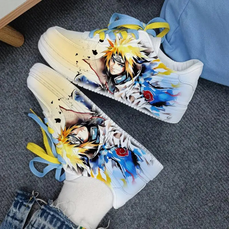 Overhead view of Naruto Minato low-top sneakers showing the side artwork and two-tone laces