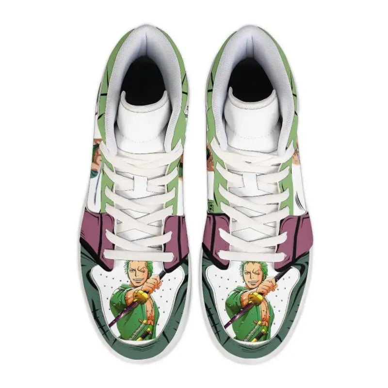 Top view of One Piece Zoro high-top sneakers with Zoro holding his sword on the toe
