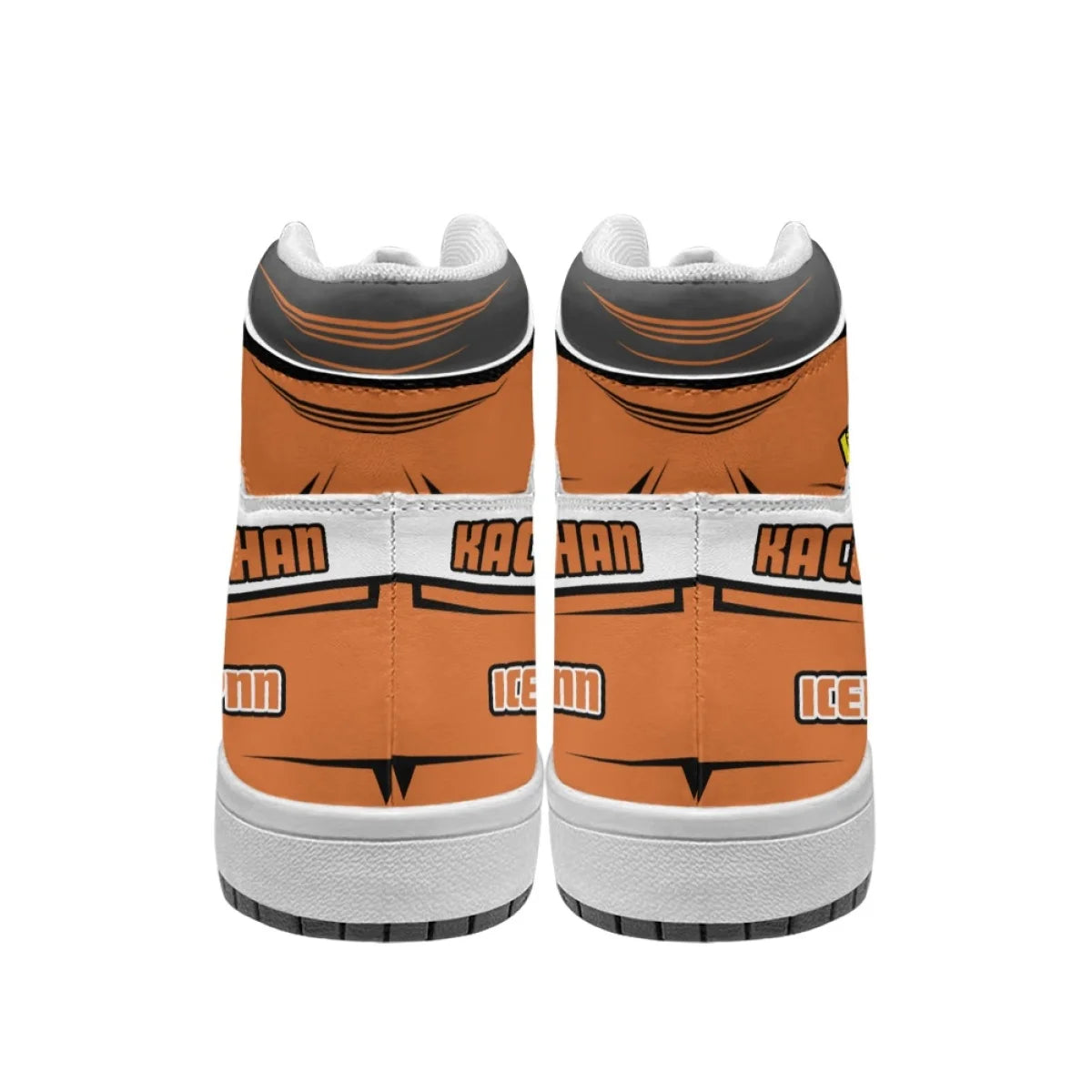 Back view of orange My Hero Academia Bakugo high-top sneakers with Kacchan lettering on the heel