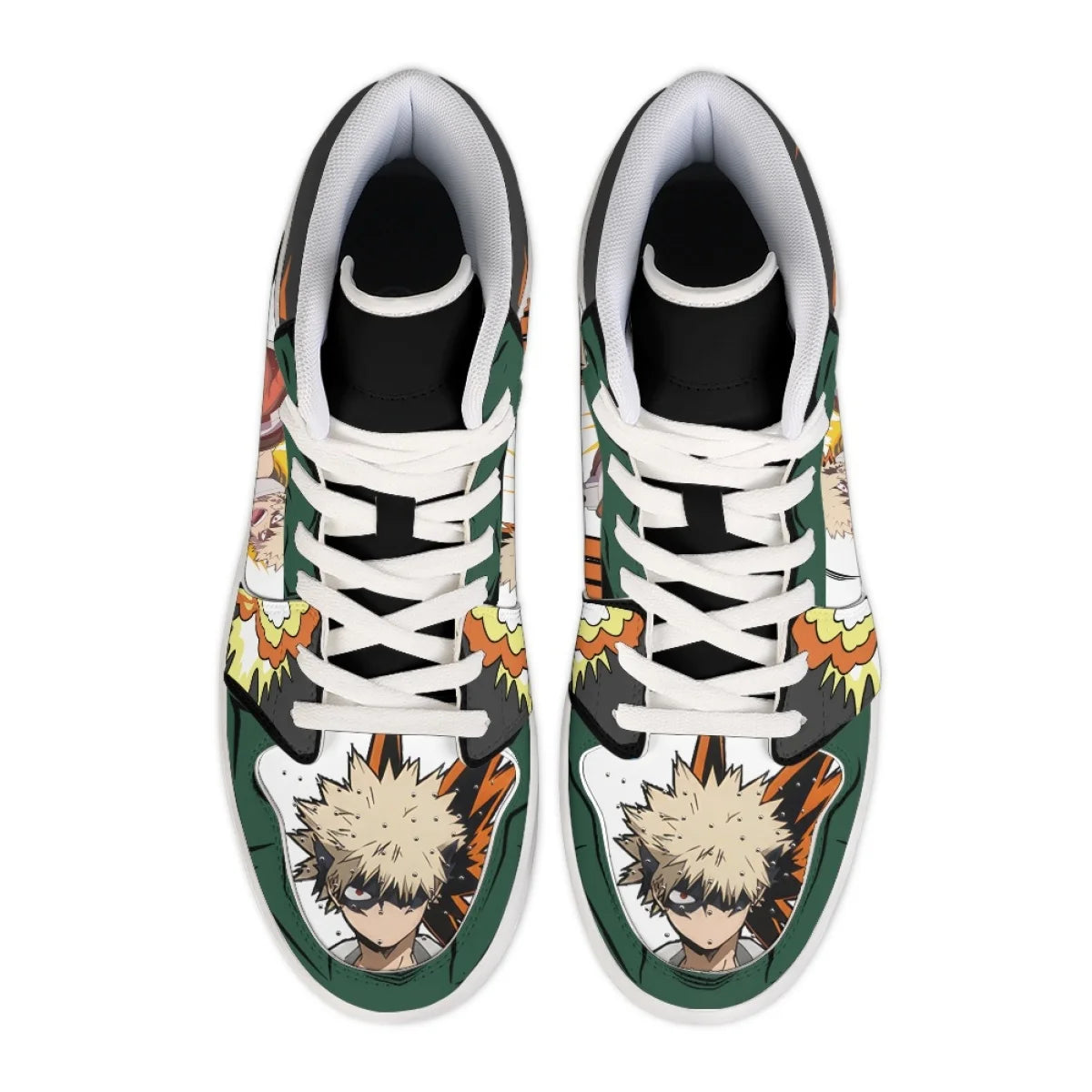 Top view of My Hero Academia Bakugo high-top sneakers with Katsuki Bakugo on the toe and white laces