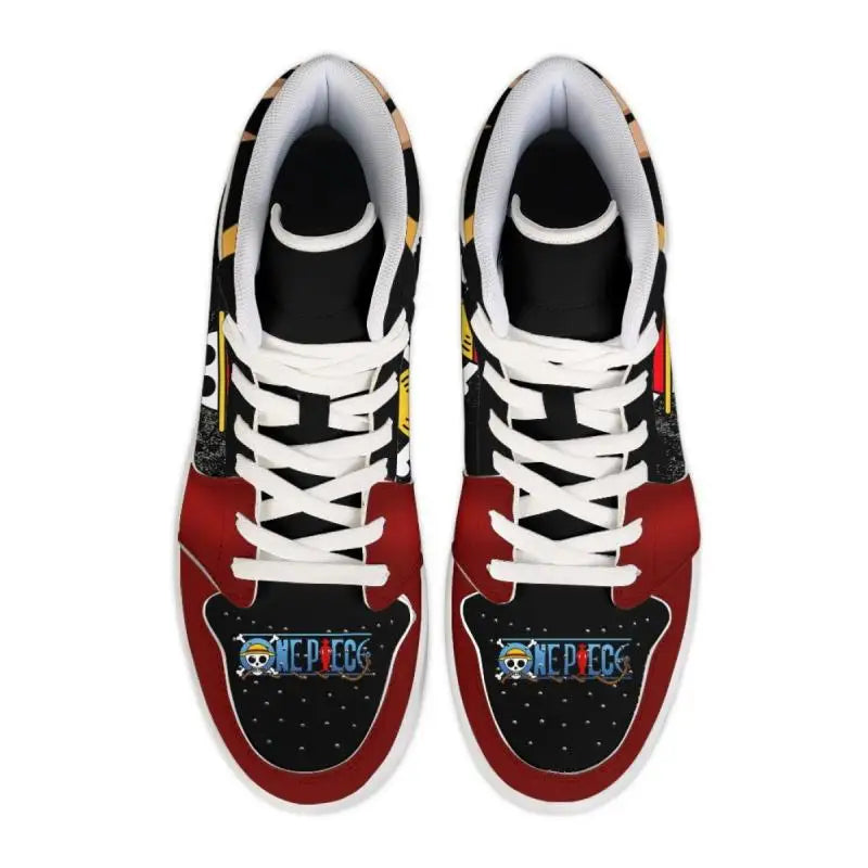 Top view of red and black Luffy sneakers with One Piece logo on the toes