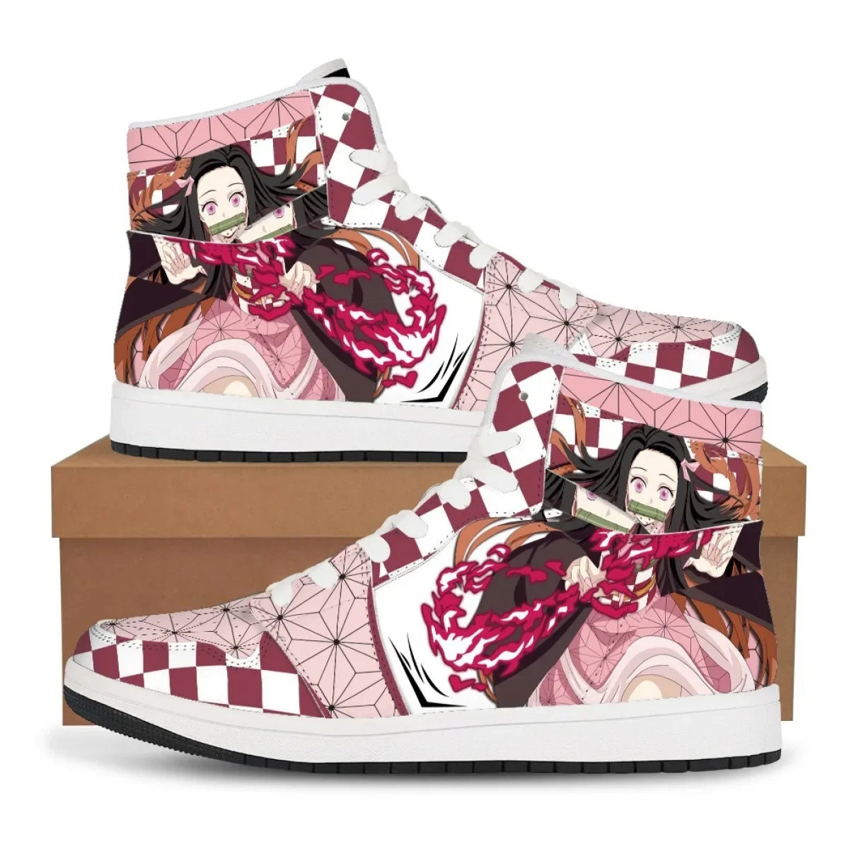 Demon Slayer Nezuko high-top sneakers in pink and burgundy checks with Nezuko artwork, side view