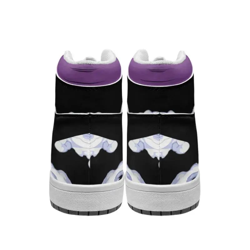 Back view of black and purple Gear 5 Luffy sneakers with white cloud print
