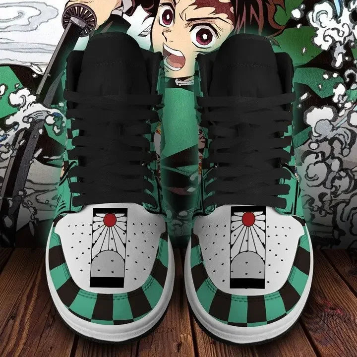 Front view of Demon Slayer Tanjiro high-top sneakers with hanafuda earring design on the toe and black laces