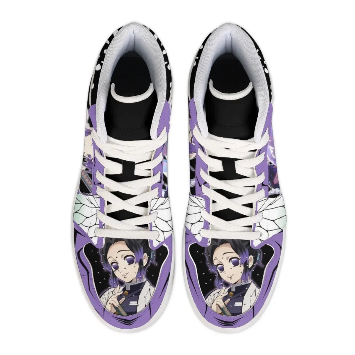 Top view of purple Demon Slayer Shinobu high-top sneakers with Shinobu Kocho on the toe and white laces