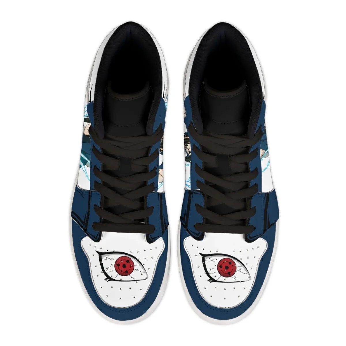 Top view of Naruto Sasuke high-top sneakers with red Sharingan eye on the toe and black laces
