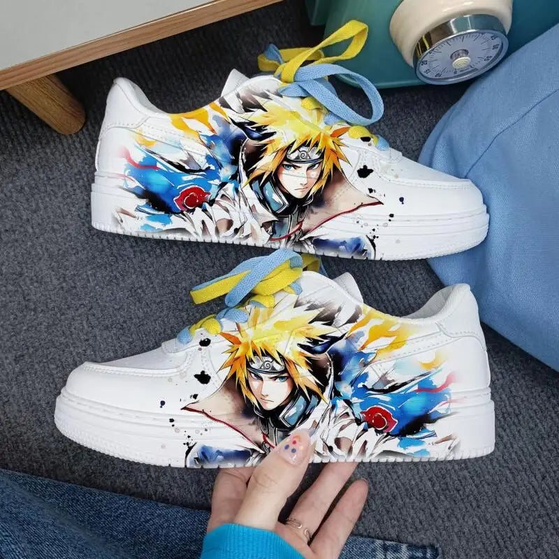 White low-top Naruto sneakers with blue, yellow and red Minato watercolour artwork