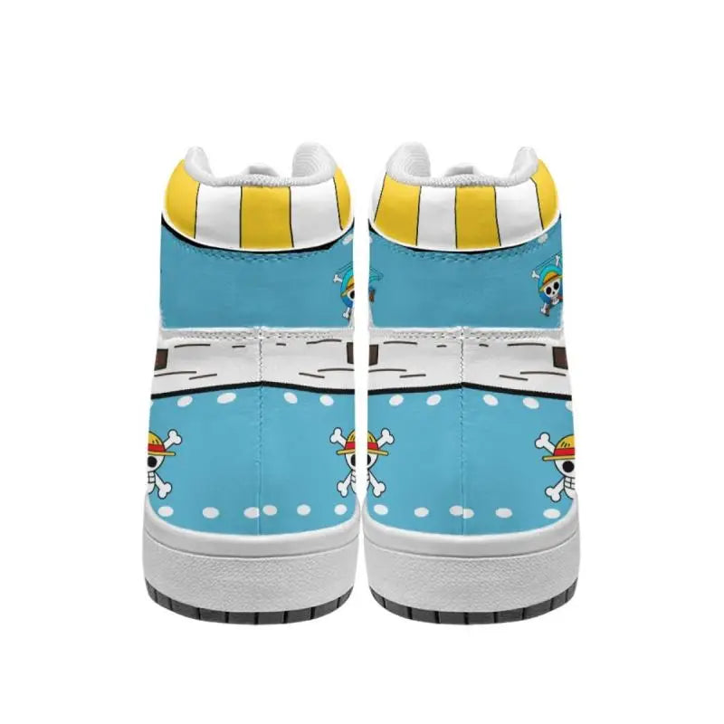 Back view of blue One Piece Chopper high-top sneakers with yellow striped collar and Straw Hat Jolly Rogers