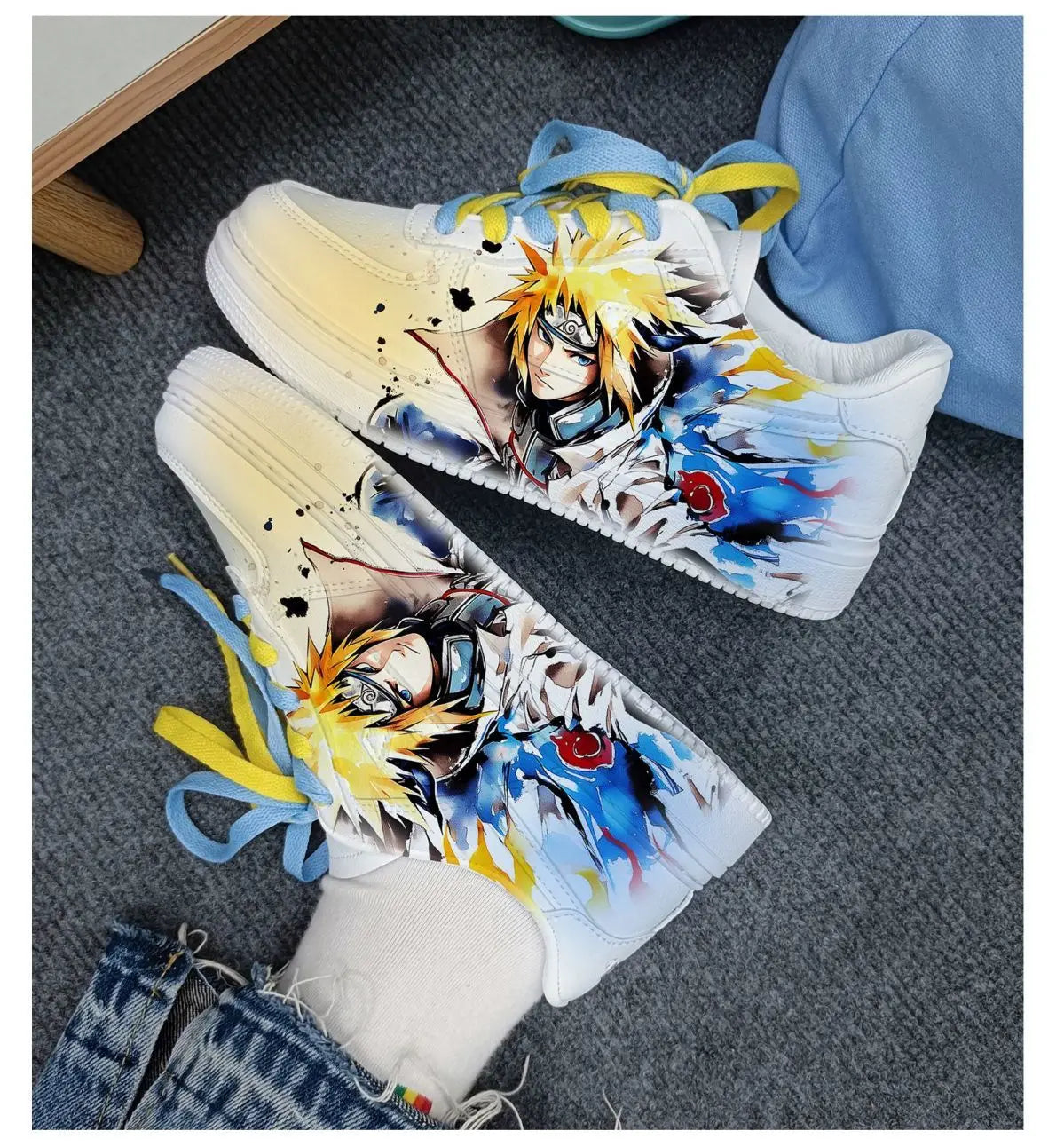Naruto Minato low-top sneakers on grey carpet with watercolour Minato artwork and two-tone laces