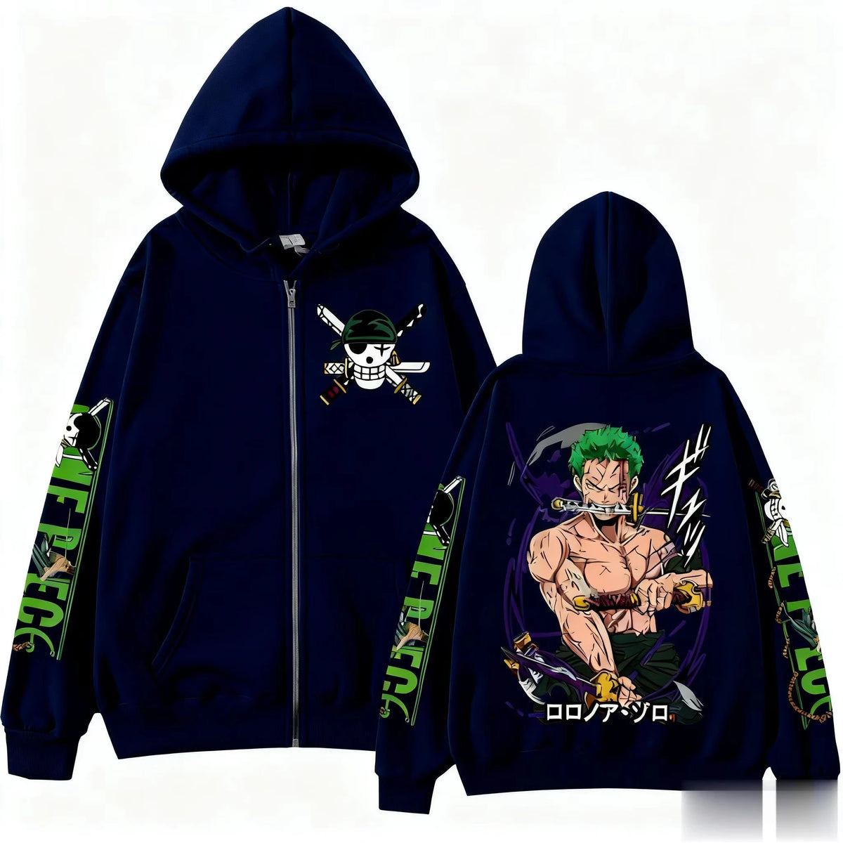 Front and back of navy One Piece Zoro zip-up hoodie with Zoro Jolly Roger, green sleeve logos and Zoro back print