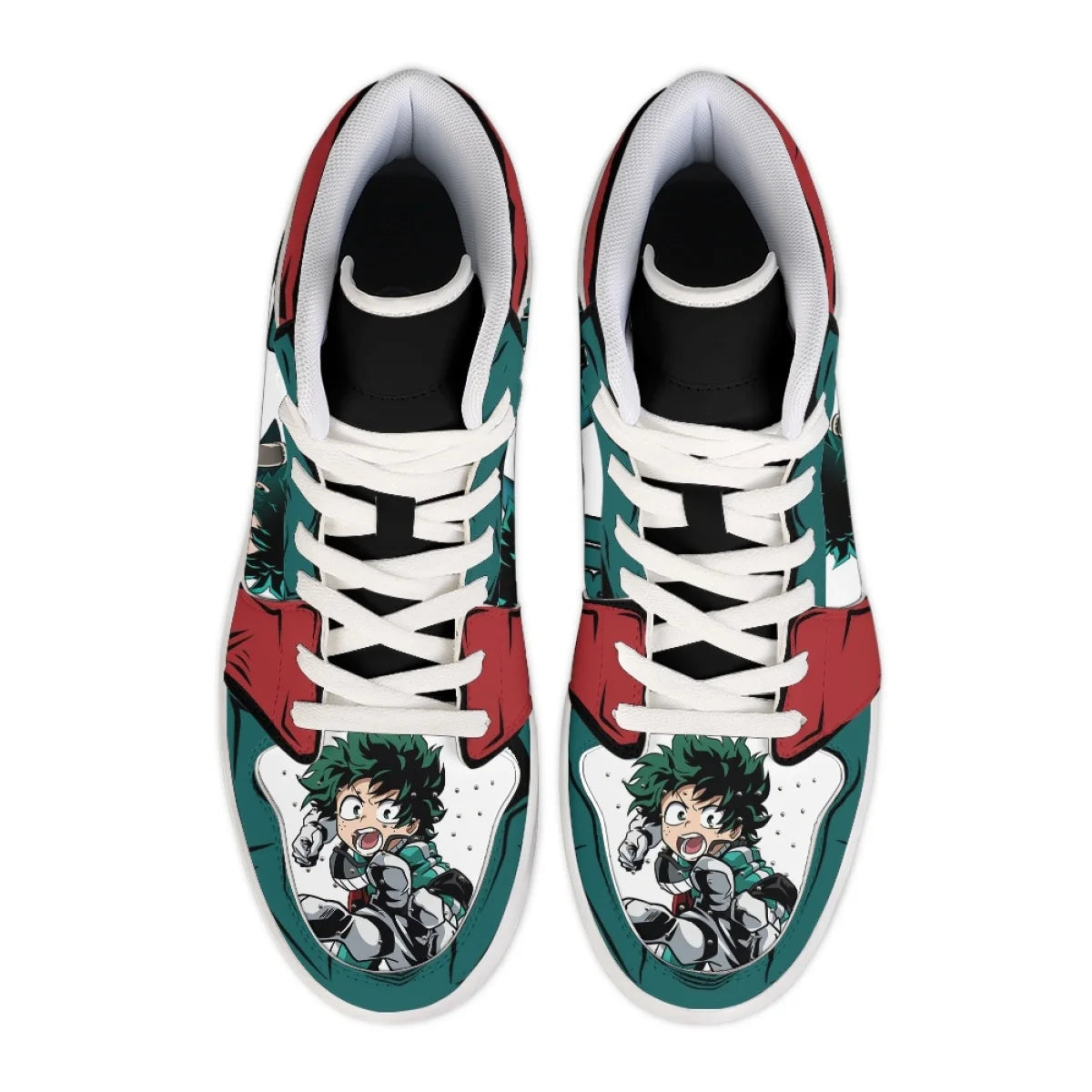 Top view of My Hero Academia Deku high-top sneakers with Izuku Midoriya on the toe and white laces