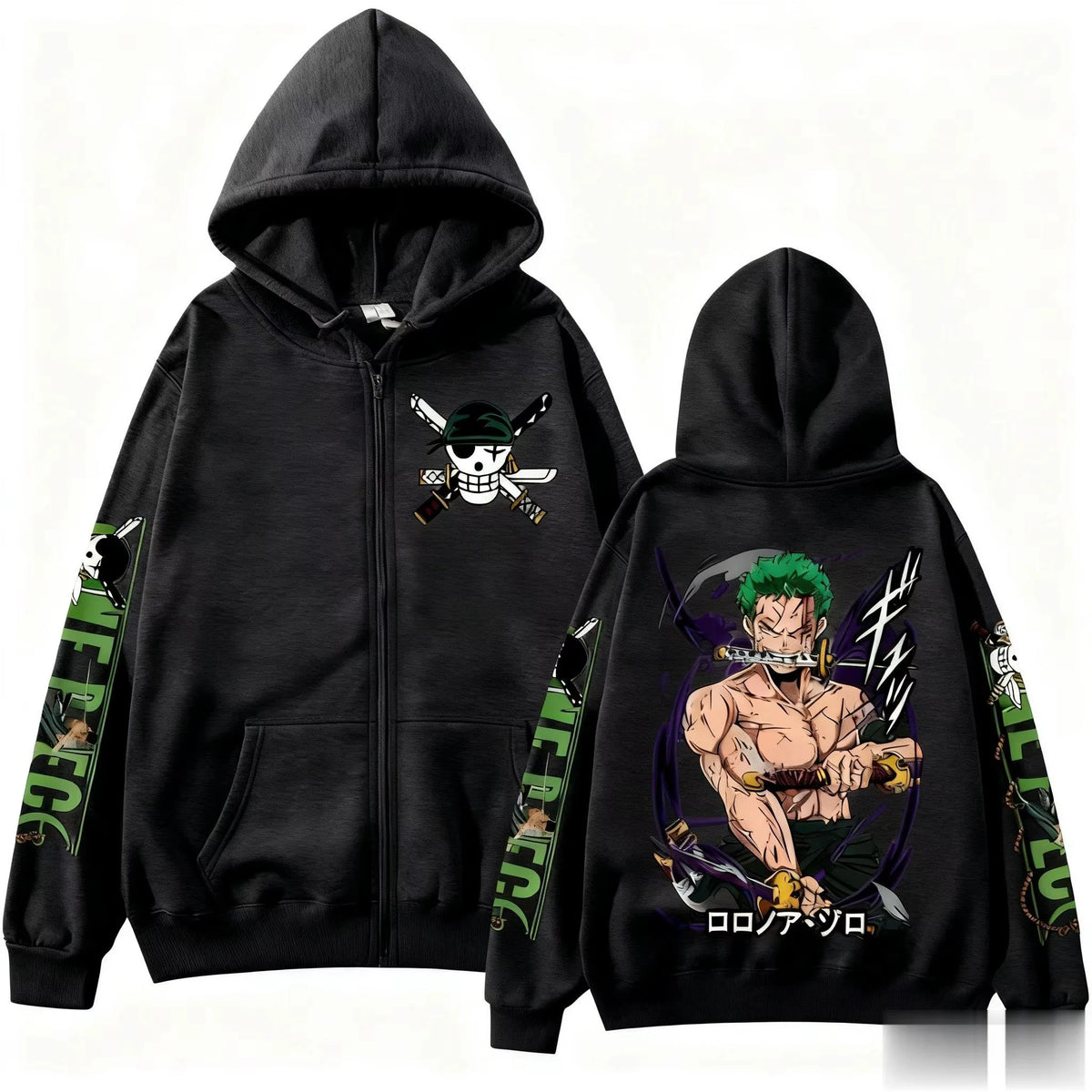Front and back of dark grey One Piece Zoro zip-up hoodie with Zoro Jolly Roger and three-sword Zoro back print