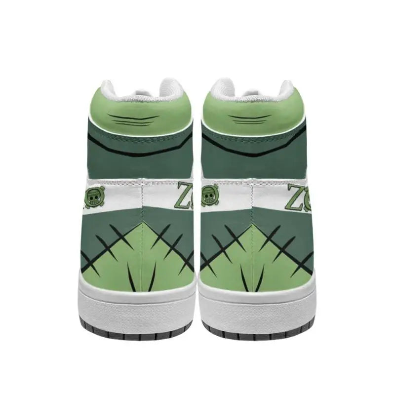 Back view of green One Piece Zoro high-top sneakers with Zoro lettering on the heel