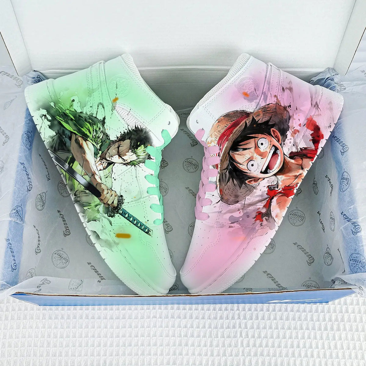 Top view of One Piece high-top sneakers in green with Zoro and pink with Luffy artwork