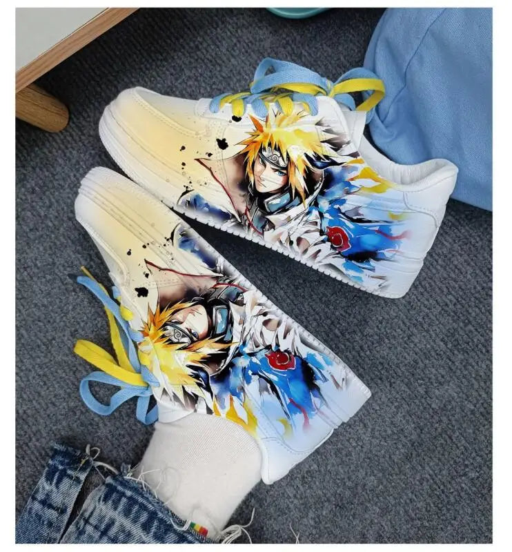 Side view of Naruto Minato low-top sneakers with watercolour Minato art and red cloud details