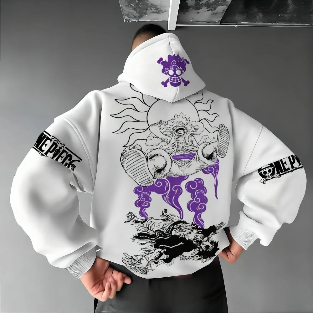 Back of white One Piece Gear 5 hoodie with large Gear 5 Luffy print and purple cloud details